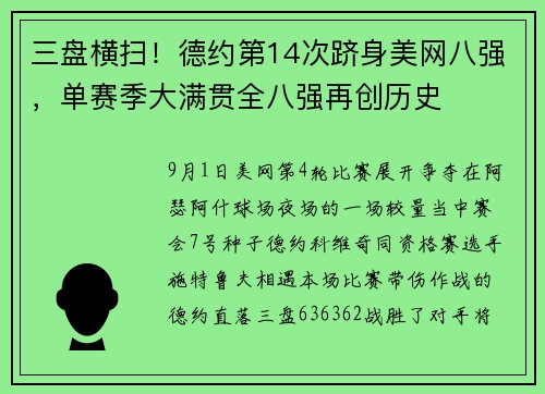 三盘横扫！德约第14次跻身美网八强，单赛季大满贯全八强再创历史